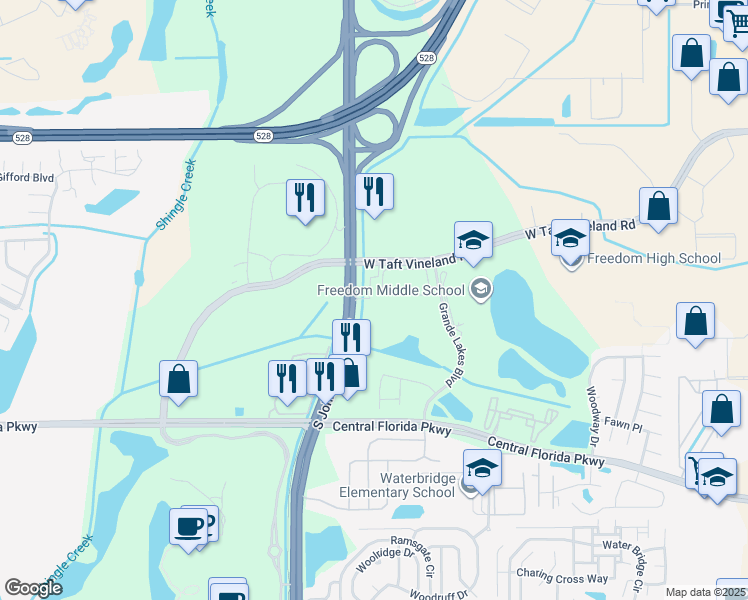 map of restaurants, bars, coffee shops, grocery stores, and more near 10401 South John Young Parkway in Orlando