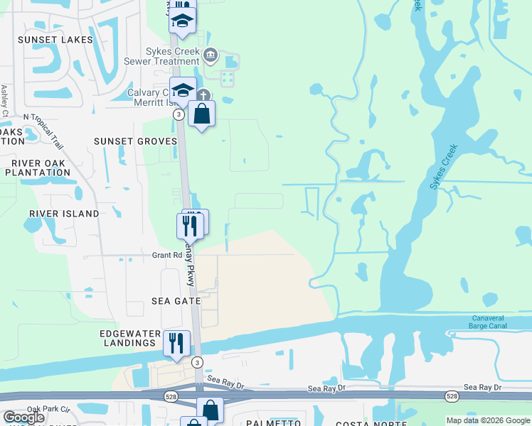 map of restaurants, bars, coffee shops, grocery stores, and more near 190 Smith Road in Merritt Island