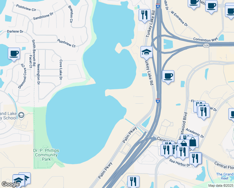 map of restaurants, bars, coffee shops, grocery stores, and more near 10900 Turkey Lake Road in Orlando