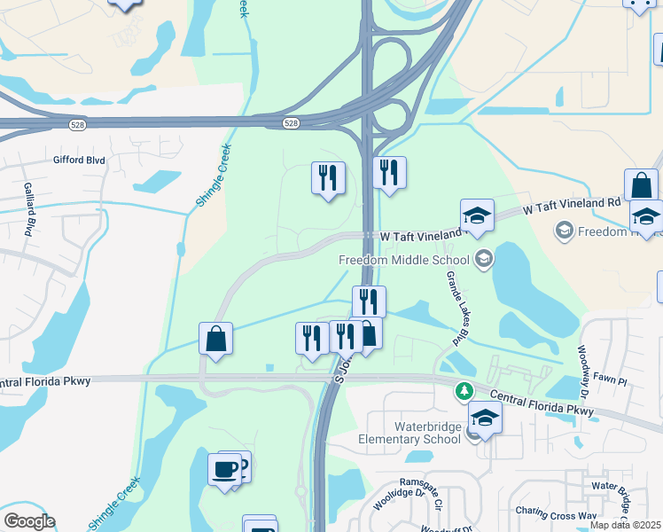map of restaurants, bars, coffee shops, grocery stores, and more near 10278 South John Young Parkway in Orlando