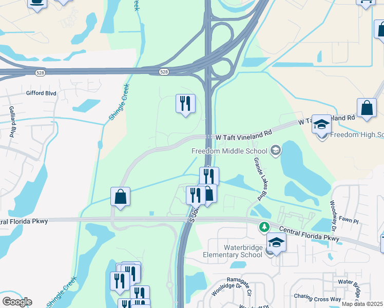 map of restaurants, bars, coffee shops, grocery stores, and more near 10278-10428 South John Young Parkway in Orlando