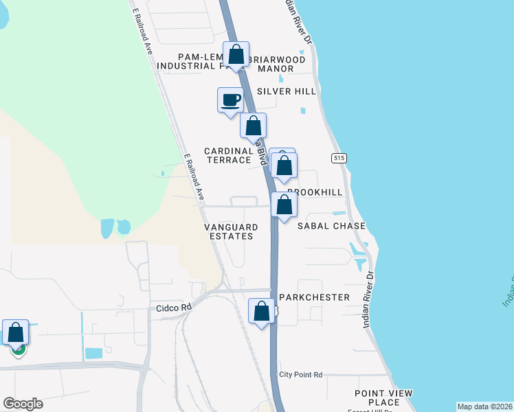 map of restaurants, bars, coffee shops, grocery stores, and more near 300 Earrusso Street in Cocoa