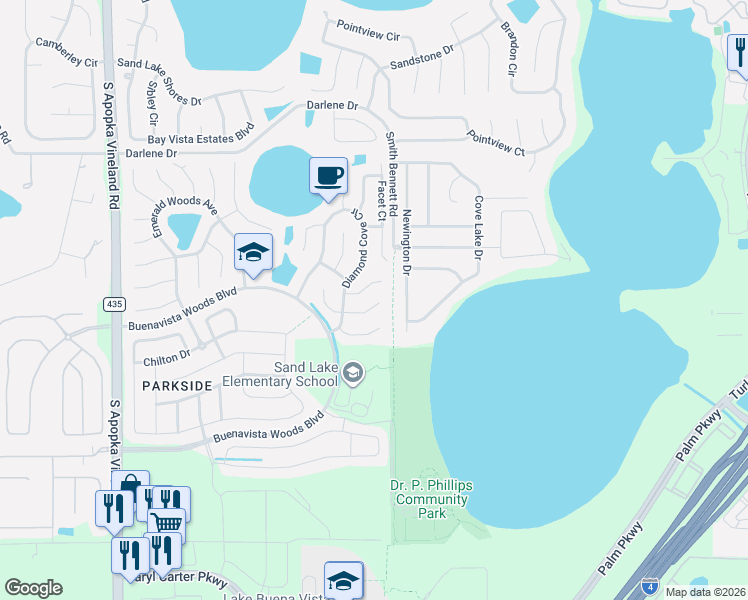 map of restaurants, bars, coffee shops, grocery stores, and more near 8021 Solitaire Court in Orlando