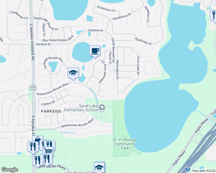 map of restaurants, bars, coffee shops, grocery stores, and more near 8021 Solitaire Court in Orlando