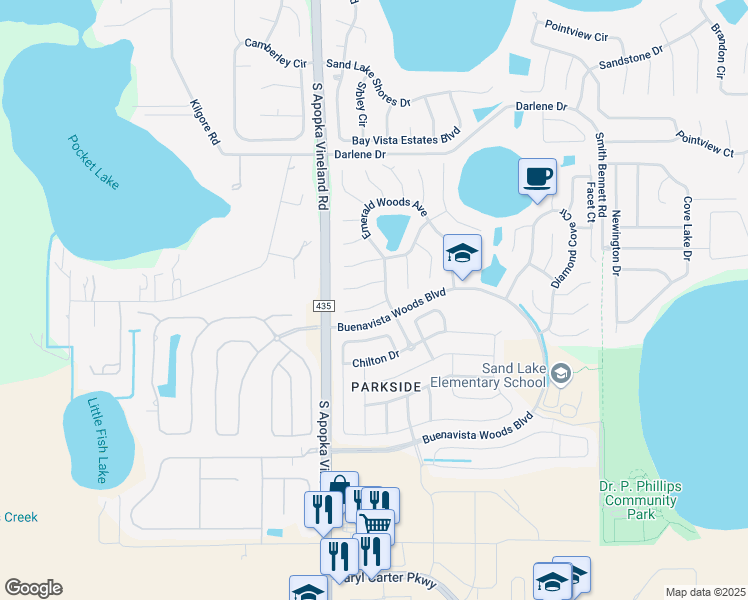map of restaurants, bars, coffee shops, grocery stores, and more near 8620 Tara Oaks Court in Orlando