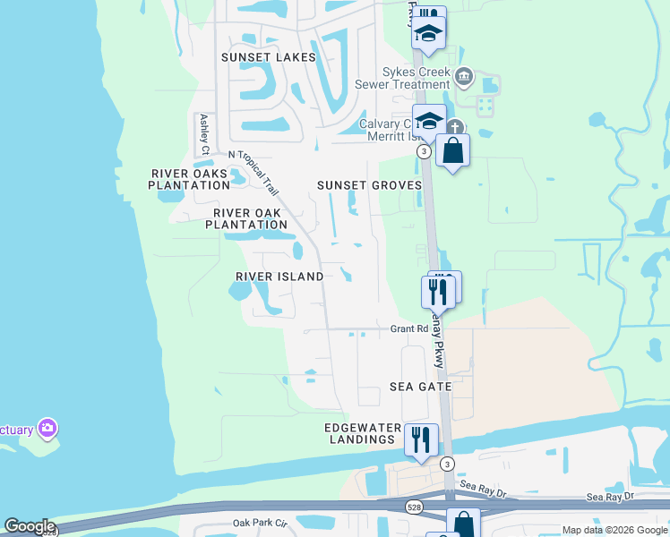 map of restaurants, bars, coffee shops, grocery stores, and more near 3135 North Tropical Trail in Merritt Island