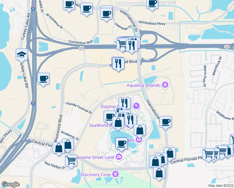 map of restaurants, bars, coffee shops, grocery stores, and more near Unnamed Road in Orlando