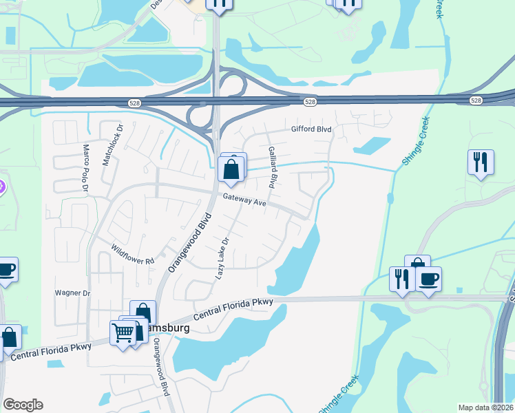 map of restaurants, bars, coffee shops, grocery stores, and more near 10330 Galliard Boulevard in Orlando