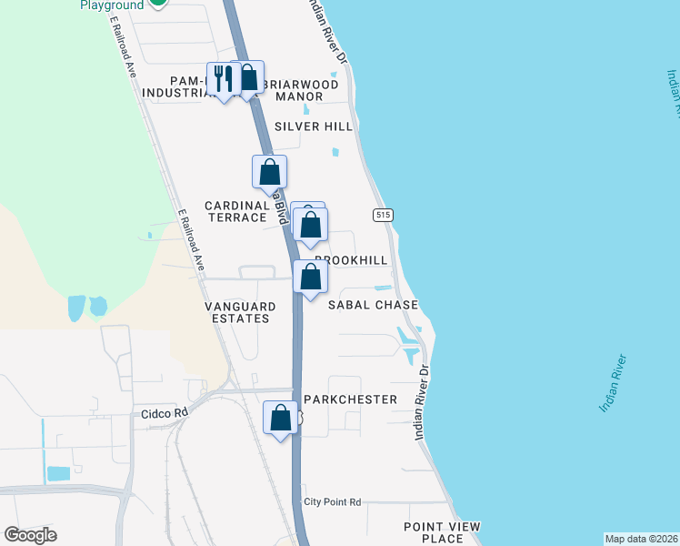 map of restaurants, bars, coffee shops, grocery stores, and more near 205 Brookhill Drive in Cocoa