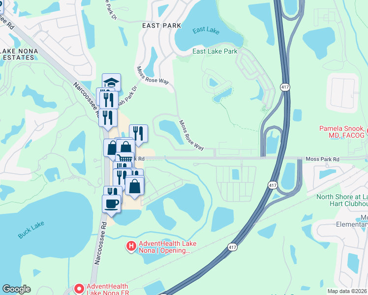 map of restaurants, bars, coffee shops, grocery stores, and more near 10469 Moss Rose Way in Orlando