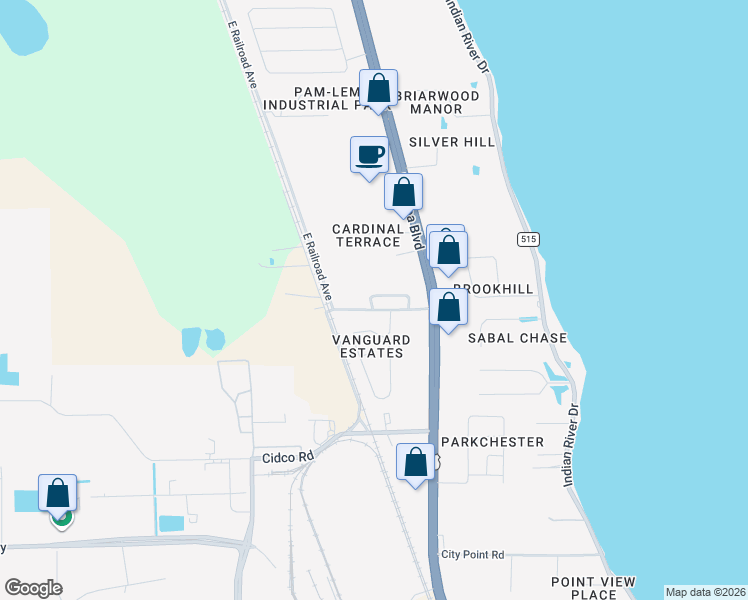 map of restaurants, bars, coffee shops, grocery stores, and more near 300-398 Earrusso Street in Cocoa
