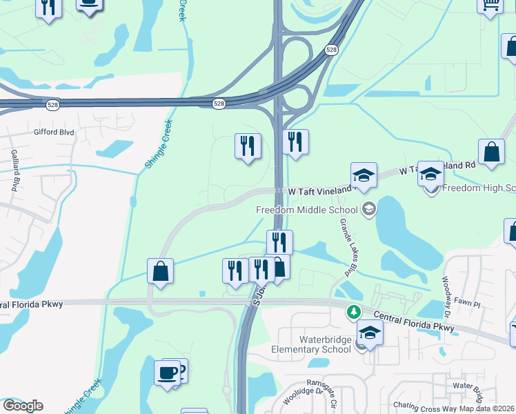 map of restaurants, bars, coffee shops, grocery stores, and more near 3804 West Taft Vineland Road in Orlando
