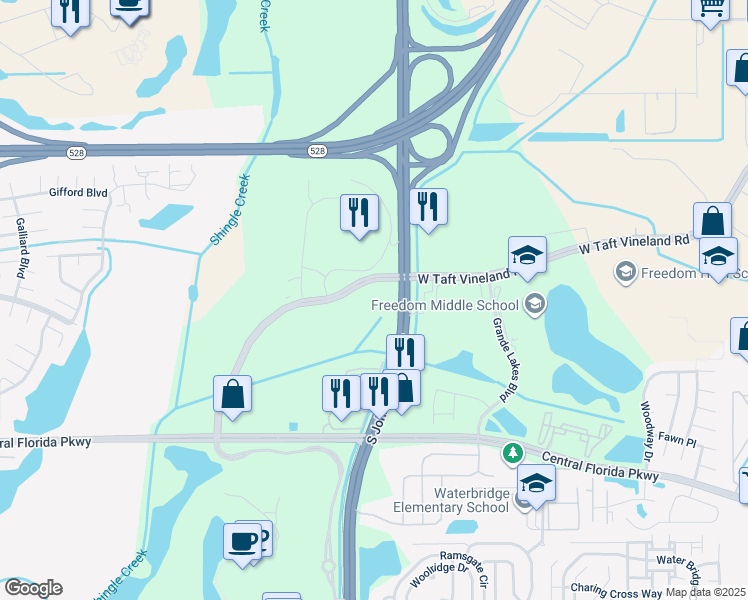 map of restaurants, bars, coffee shops, grocery stores, and more near 3804 West Taft Vineland Road in Orlando