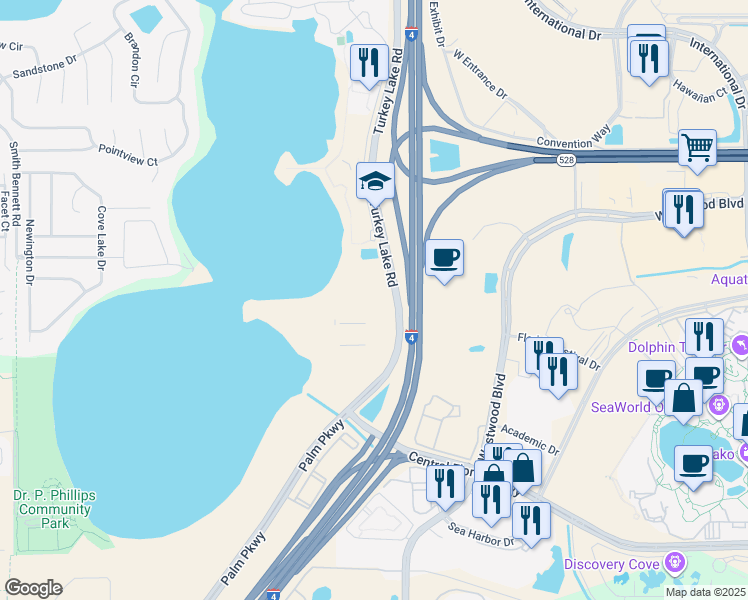 map of restaurants, bars, coffee shops, grocery stores, and more near 10450 Turkey Lake Road in Orlando