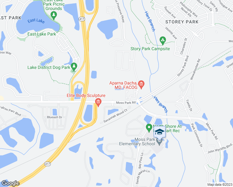 map of restaurants, bars, coffee shops, grocery stores, and more near 11101 Moss Park Road in Orlando