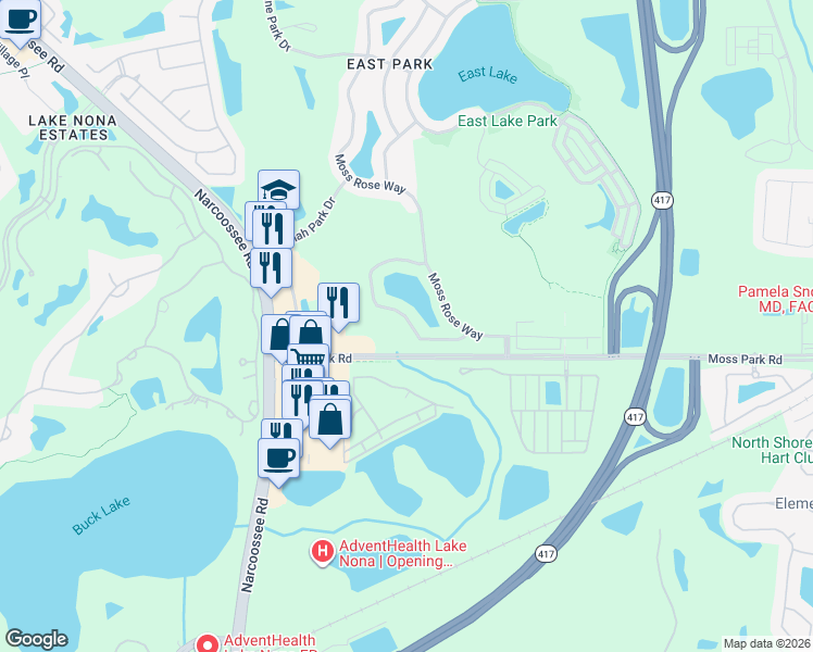 map of restaurants, bars, coffee shops, grocery stores, and more near 10466 Eastpark Lake Drive in Orlando