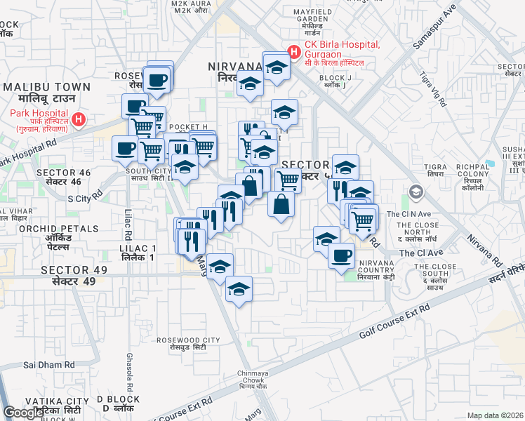 map of restaurants, bars, coffee shops, grocery stores, and more near 5 Nirvana Country Road in Gurugram