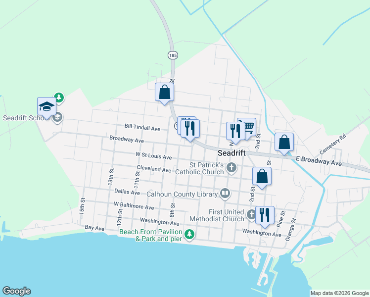 map of restaurants, bars, coffee shops, grocery stores, and more near 702 Broadway Avenue in Seadrift