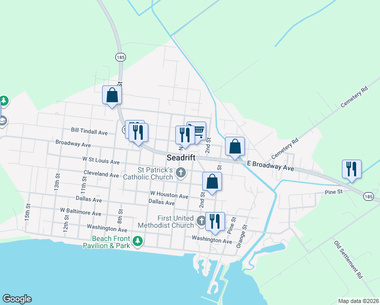 map of restaurants, bars, coffee shops, grocery stores, and more near 202 Broadway Avenue in Seadrift