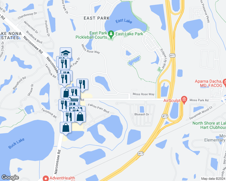 map of restaurants, bars, coffee shops, grocery stores, and more near 10476 Moss Rose Way in Orlando