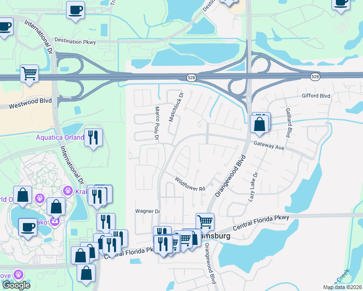 map of restaurants, bars, coffee shops, grocery stores, and more near 10500 Montpelier Circle in Orlando