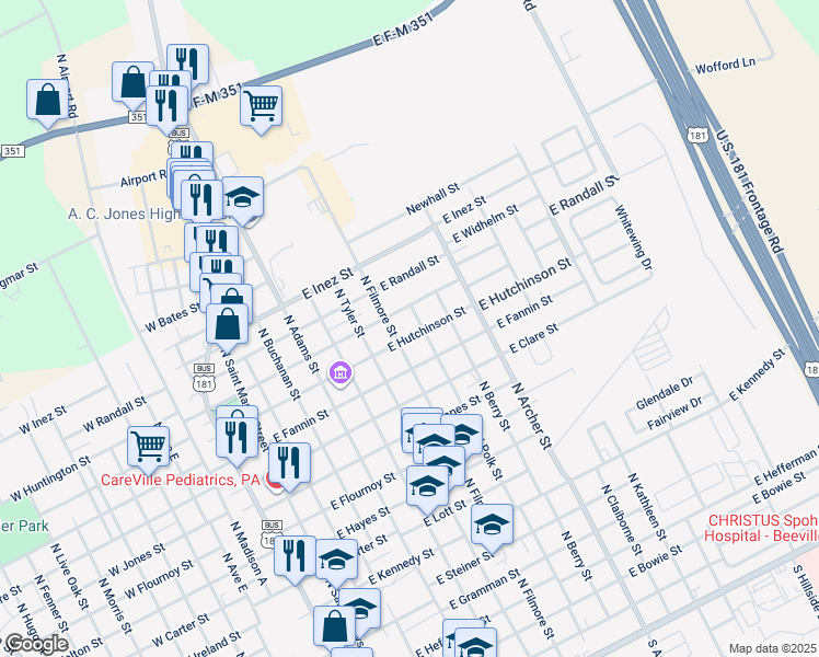 map of restaurants, bars, coffee shops, grocery stores, and more near 1302 North Polk Street in Beeville