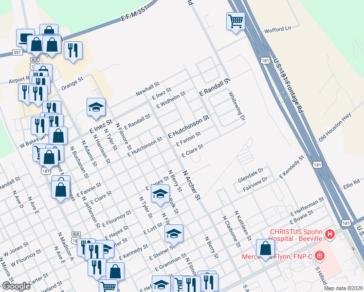 map of restaurants, bars, coffee shops, grocery stores, and more near 1003 East Fannin Street in Beeville