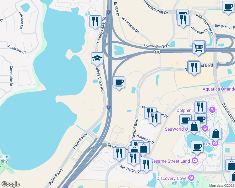 map of restaurants, bars, coffee shops, grocery stores, and more near 6675 Westwood Boulevard in Orlando
