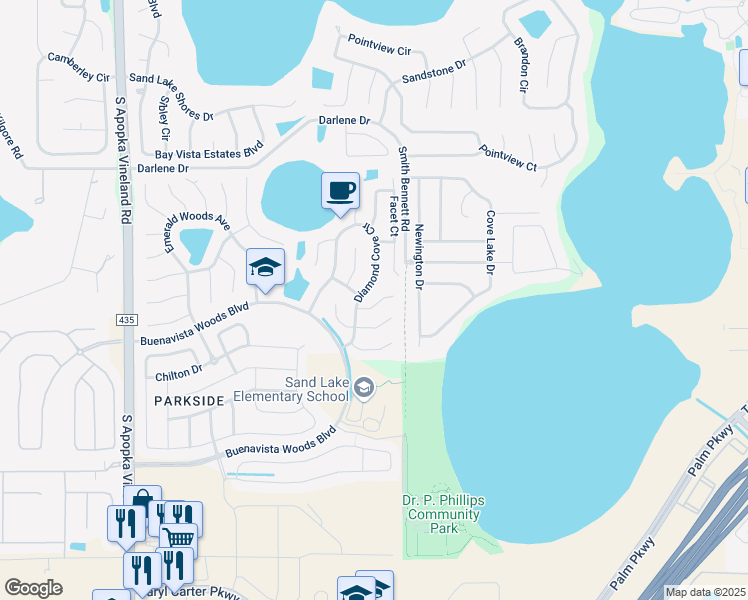 map of restaurants, bars, coffee shops, grocery stores, and more near 8013 Bright Court in Orlando