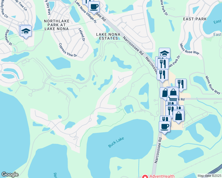 map of restaurants, bars, coffee shops, grocery stores, and more near 9599 Blandford Road in Orlando
