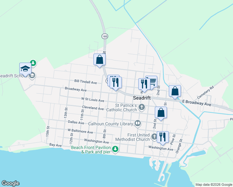 map of restaurants, bars, coffee shops, grocery stores, and more near 702 Broadway Ave in Seadrift