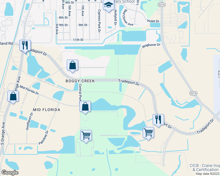 map of restaurants, bars, coffee shops, grocery stores, and more near 1700 Tradeport Drive in Orlando