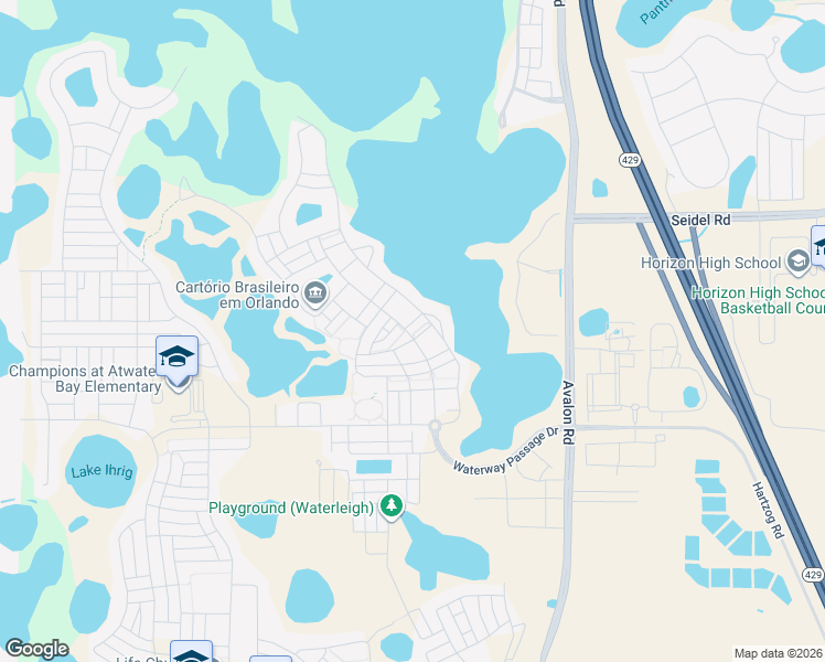 map of restaurants, bars, coffee shops, grocery stores, and more near 16242 Outlook Shore Alley in Winter Garden