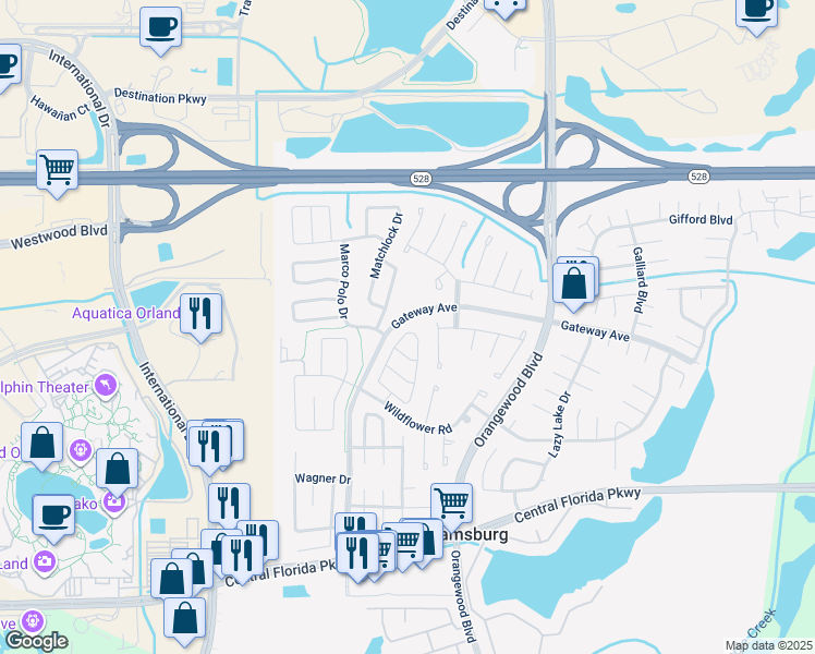 map of restaurants, bars, coffee shops, grocery stores, and more near 10500 Montpelier Circle in Orlando