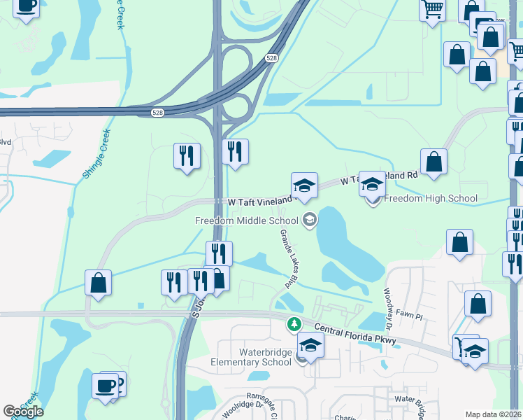 map of restaurants, bars, coffee shops, grocery stores, and more near 9944 Grande Lakes Boulevard in Orlando