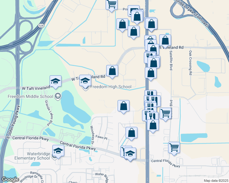 map of restaurants, bars, coffee shops, grocery stores, and more near 2500 West Taft Vineland Road in Orlando