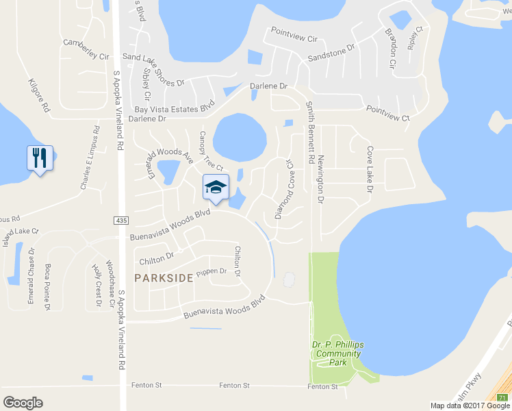 map of restaurants, bars, coffee shops, grocery stores, and more near 8420 Diamond Cove Circle in Orlando