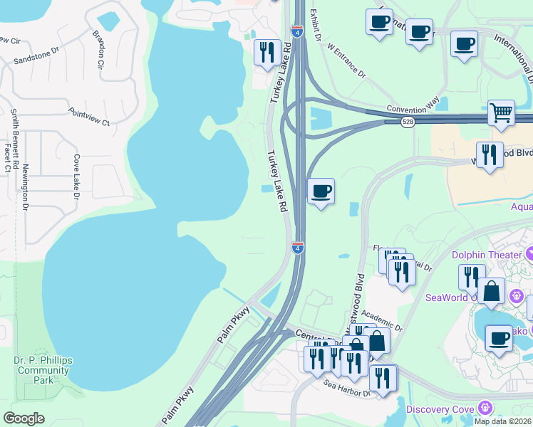 map of restaurants, bars, coffee shops, grocery stores, and more near 7111 Sand Lake Reserve Drive in Orlando
