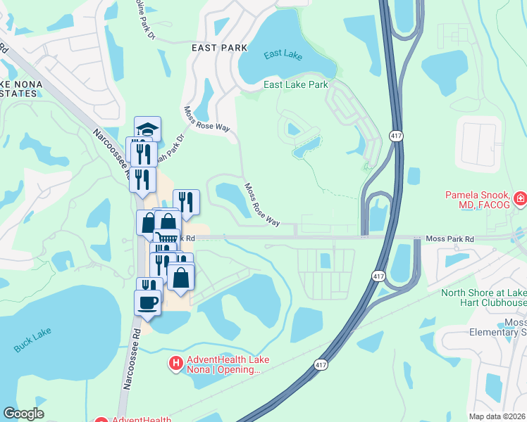 map of restaurants, bars, coffee shops, grocery stores, and more near 10469 Moss Rose Way in Orlando