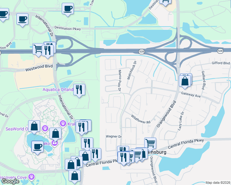 map of restaurants, bars, coffee shops, grocery stores, and more near 5674 Minaret Court in Orlando