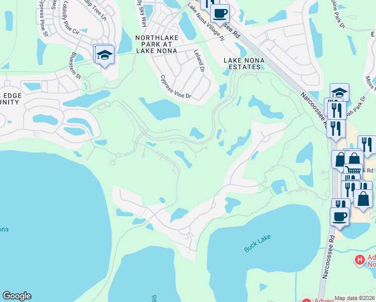 map of restaurants, bars, coffee shops, grocery stores, and more near 9364 Thurloe Place in Orlando