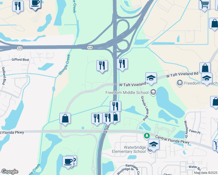 map of restaurants, bars, coffee shops, grocery stores, and more near 3804 West Taft Vineland Road in Orlando
