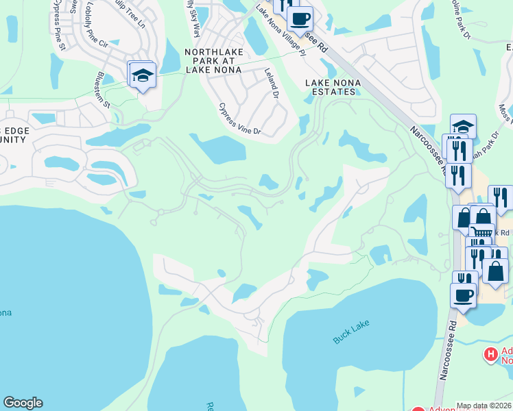 map of restaurants, bars, coffee shops, grocery stores, and more near 9372 Thurloe Place in Orlando