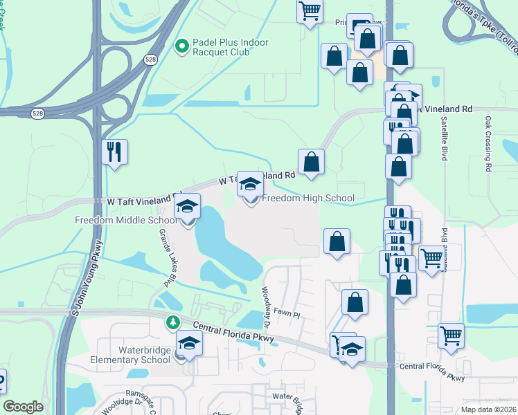 map of restaurants, bars, coffee shops, grocery stores, and more near 2500 W Taft Vineland Rd in Orlando