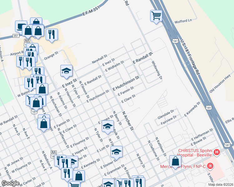 map of restaurants, bars, coffee shops, grocery stores, and more near 1003 East Fannin Street in Beeville