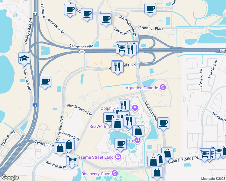 map of restaurants, bars, coffee shops, grocery stores, and more near 6277 Sea Harbor Drive in Orlando