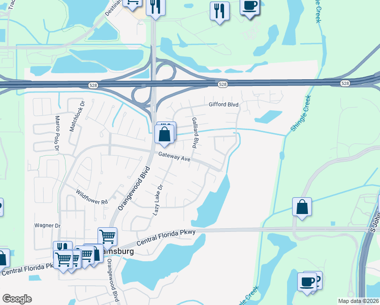 map of restaurants, bars, coffee shops, grocery stores, and more near 10330 Galliard Boulevard in Orlando