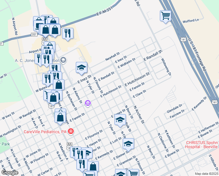 map of restaurants, bars, coffee shops, grocery stores, and more near 1302 North Polk Street in Beeville