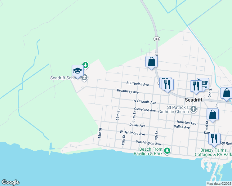 map of restaurants, bars, coffee shops, grocery stores, and more near 1309 Broadway Avenue in Seadrift