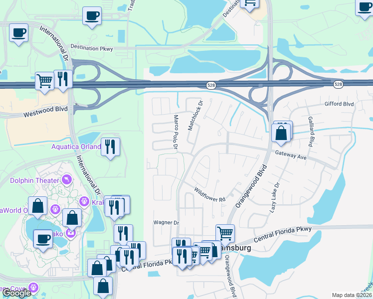 map of restaurants, bars, coffee shops, grocery stores, and more near 10361 Marco Polo Drive in Orlando
